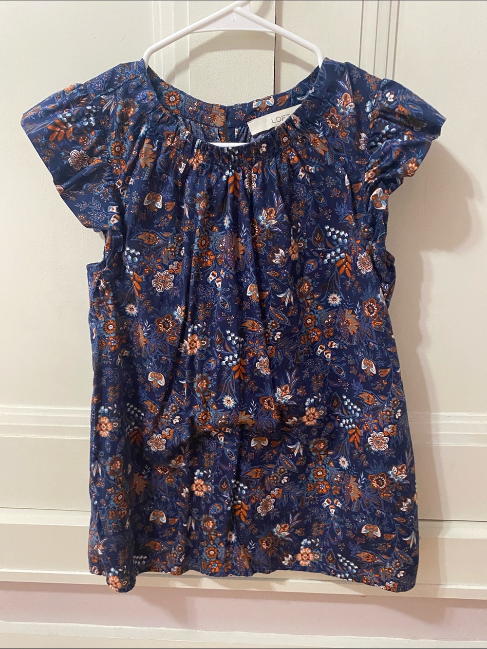 LOFT Navy Floral Flutter Sleeve Peasant Top with Rust Accents